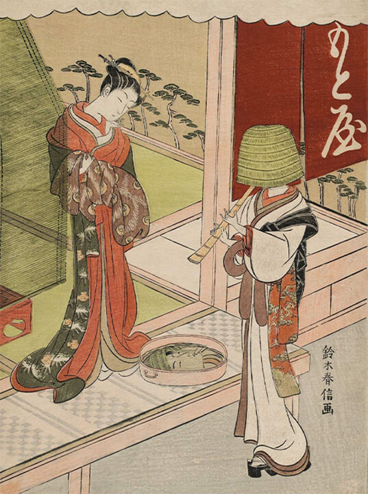 Người phụ nữ và nhà sư Komuso. Tranh của Suzuki Harunobu.